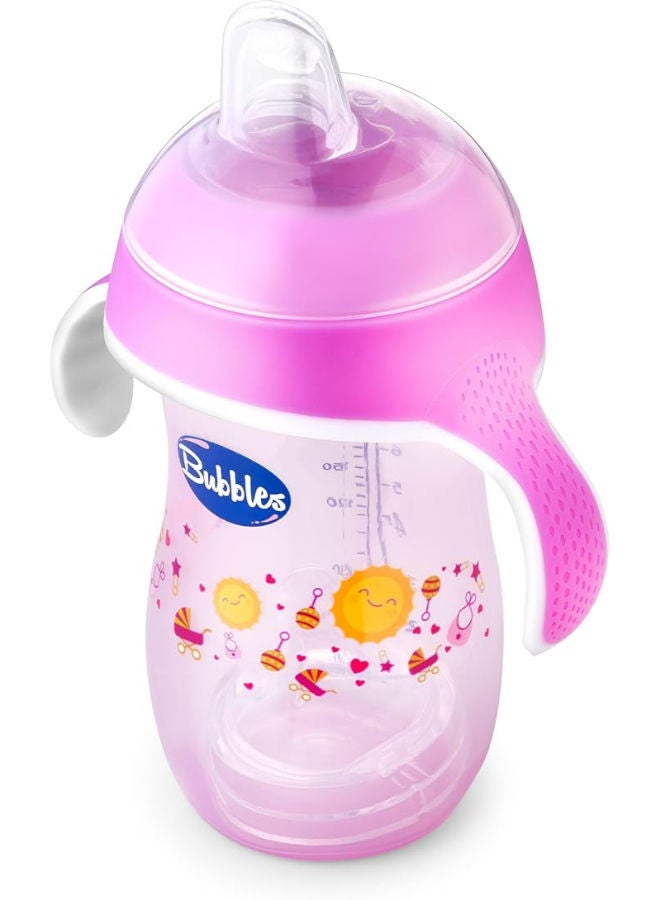 Bubbles Cup and Feeding Bottle 2 in 1 280ml Handheld with 2 Teats Cup and Natural Nipple for 6 Months Baby Feeding, Hot and Cold Drinks, Microwaveable, Pink - Rose - Image 2
